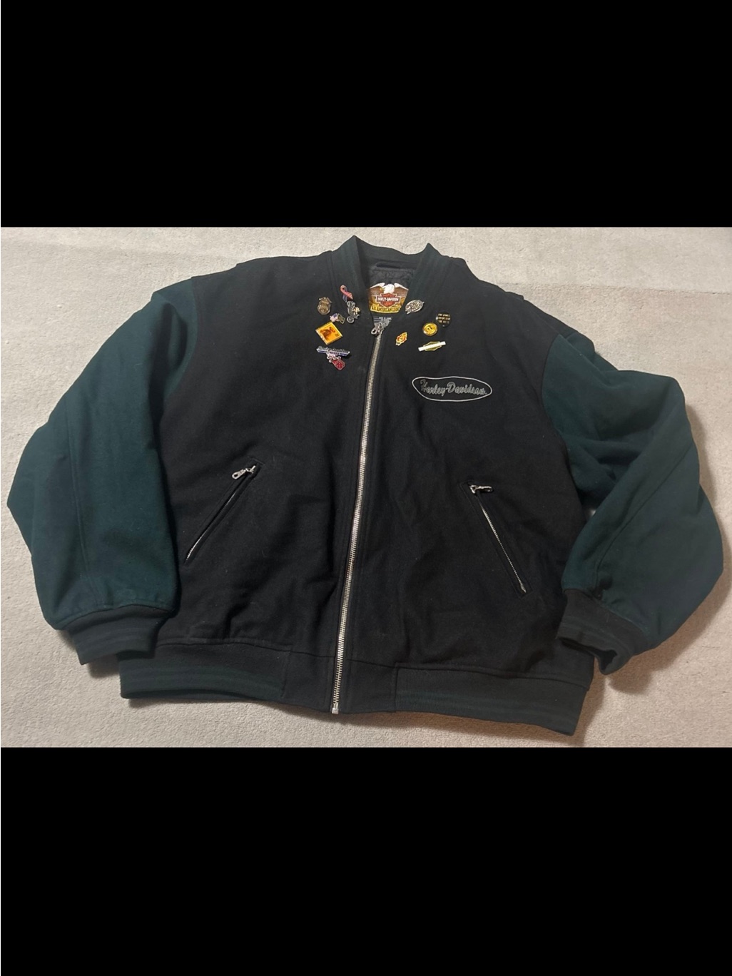 Harley-Davidson Black/Green Full-Zip Wool Blend Bomber Jacket W/Pins - Size Xxl